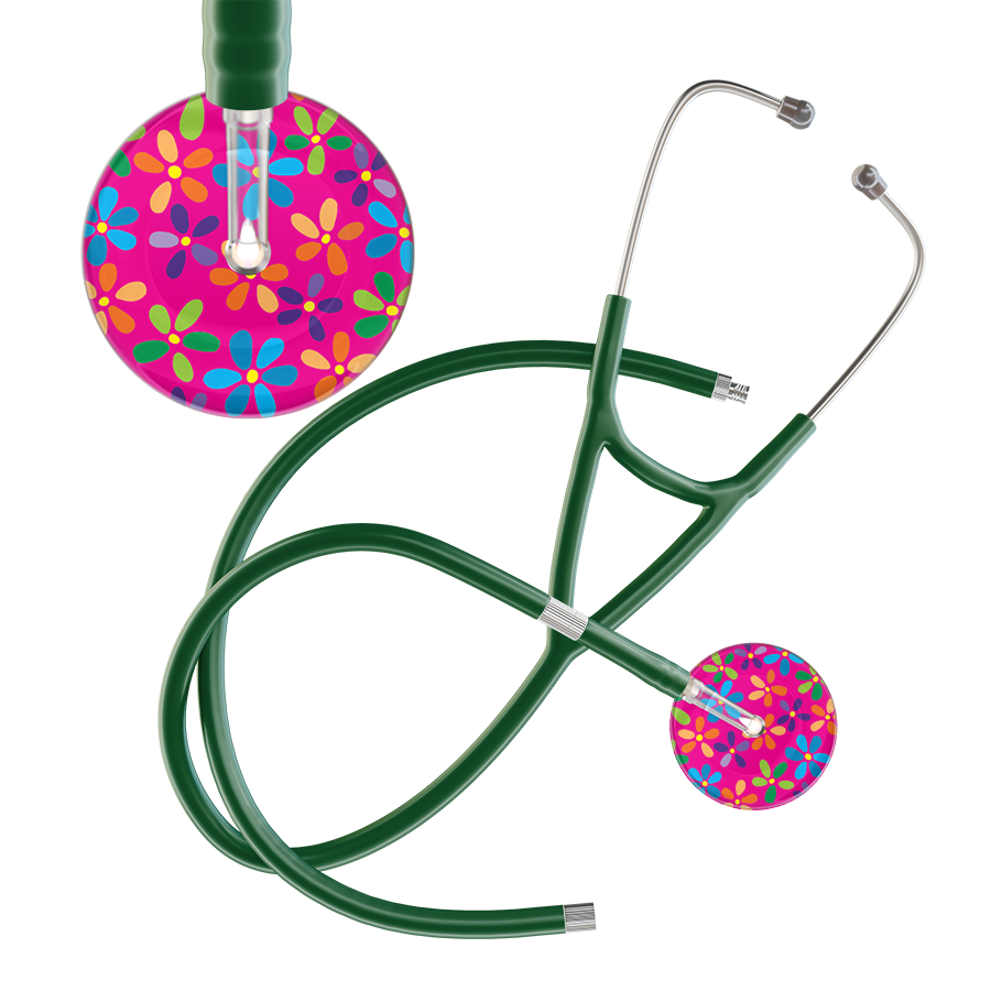 Ultrascope Single Stethoscope Hot Pink Flower Power / Adult / Dark Green Extended Tubing Light Flower Power Cardiology Stethoscope