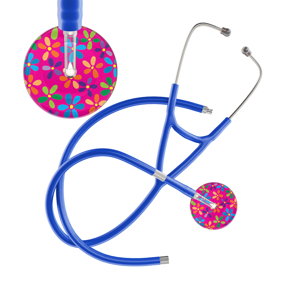 Ultrascope Single Stethoscope Hot Pink Flower Power / Adult / Royal Blue Extended Tubing Light Flower Power Cardiology Stethoscope