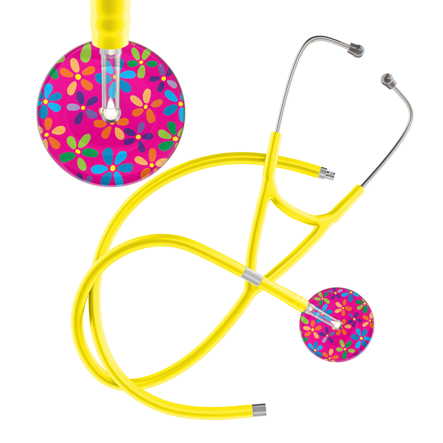 Ultrascope Single Stethoscope Hot Pink Flower Power / Adult / Yellow Extended Tubing Light Flower Power Cardiology Stethoscope