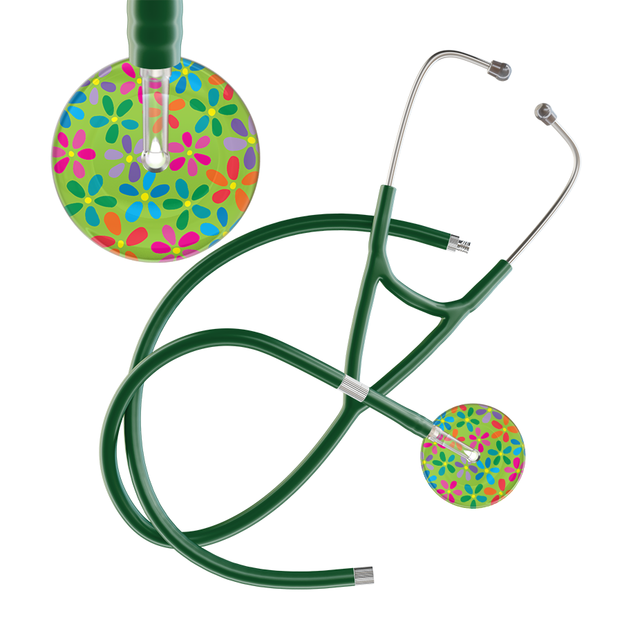 Ultrascope Single Stethoscope Lime Green Flower Power / Adult / Dark Green Extended Tubing Light Flower Power Cardiology Stethoscope