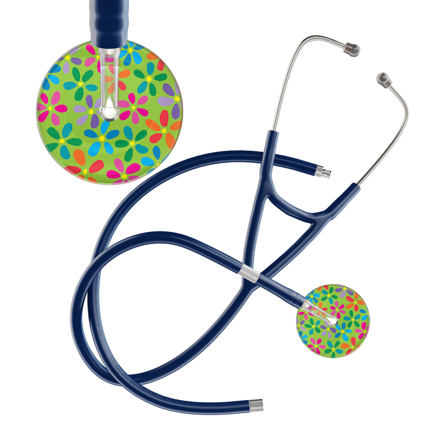 Ultrascope Single Stethoscope Lime Green Flower Power / Adult / Navy Extended Tubing Light Flower Power Cardiology Stethoscope