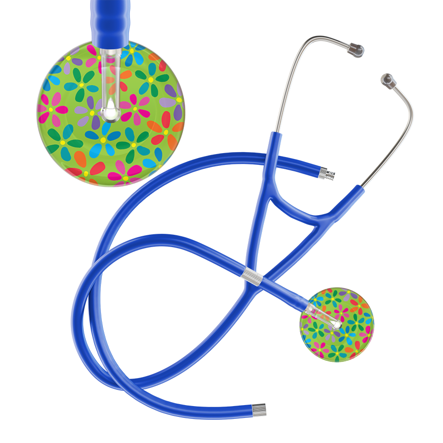 Ultrascope Single Stethoscope Lime Green Flower Power / Adult / Royal Blue Extended Tubing Light Flower Power Cardiology Stethoscope