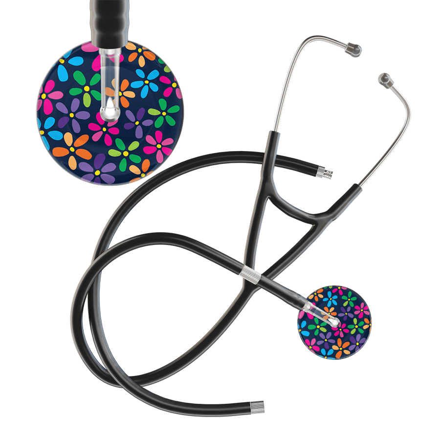 Ultrascope Single Stethoscope Navy Flower Power / Adult / Black Extended Tubing Dark Flower Power Cardiology Stethoscope