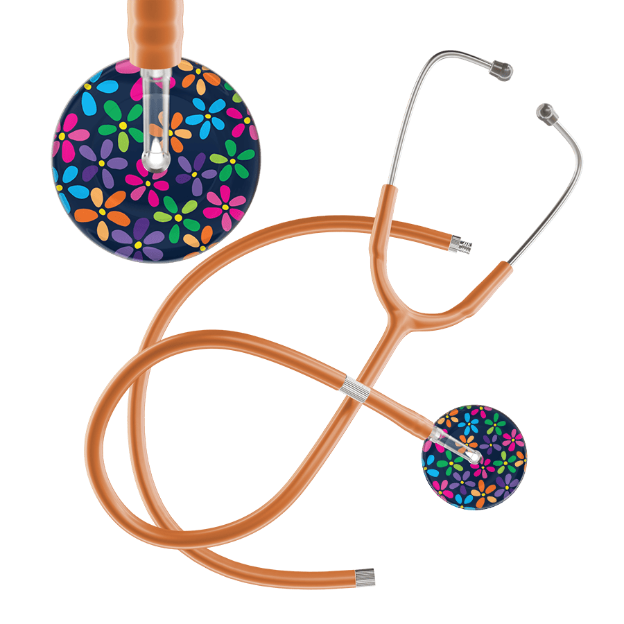 Ultrascope Single Stethoscope Navy Flower Power / Pediatric / Caramel Extended Tubing Dark Flower Power Stethoscope