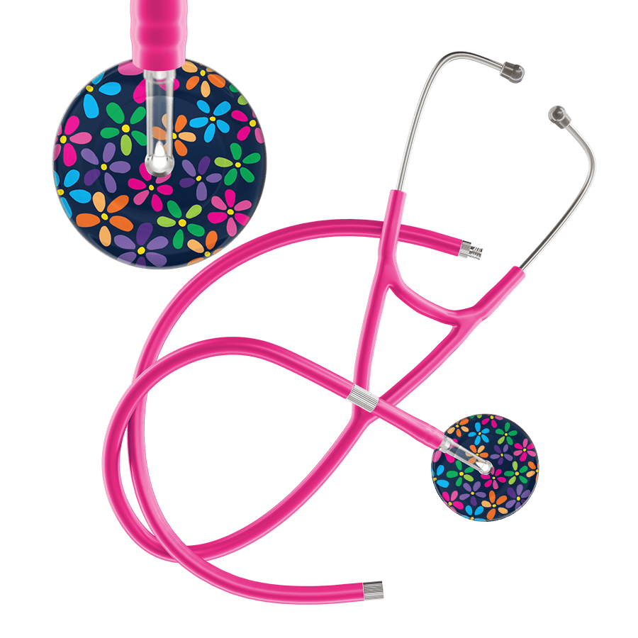 Ultrascope Single Stethoscope Navy Flower Power / Adult / Hot Pink Extended Tubing Dark Flower Power Cardiology Stethoscope