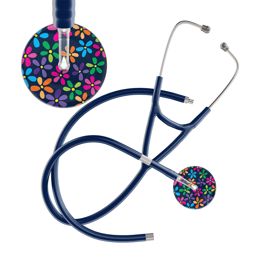 Ultrascope Single Stethoscope Navy Flower Power / Adult / Navy Extended Tubing Dark Flower Power Cardiology Stethoscope