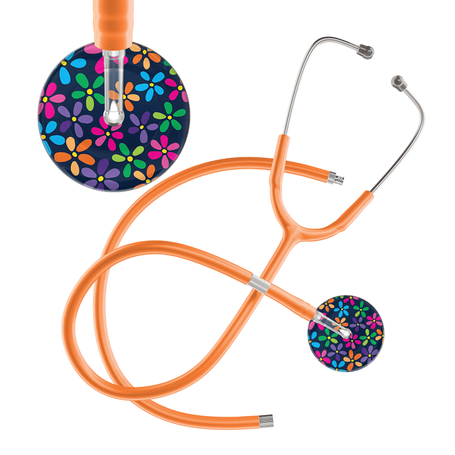 Ultrascope Single Stethoscope Navy Flower Power / Adult / Orange Extended Tubing Dark Flower Power Stethoscope
