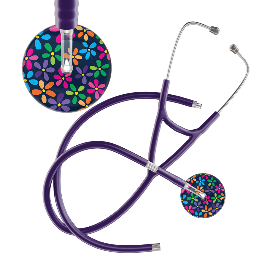 Ultrascope Single Stethoscope Navy Flower Power / Adult / Purple Extended Tubing Dark Flower Power Cardiology Stethoscope