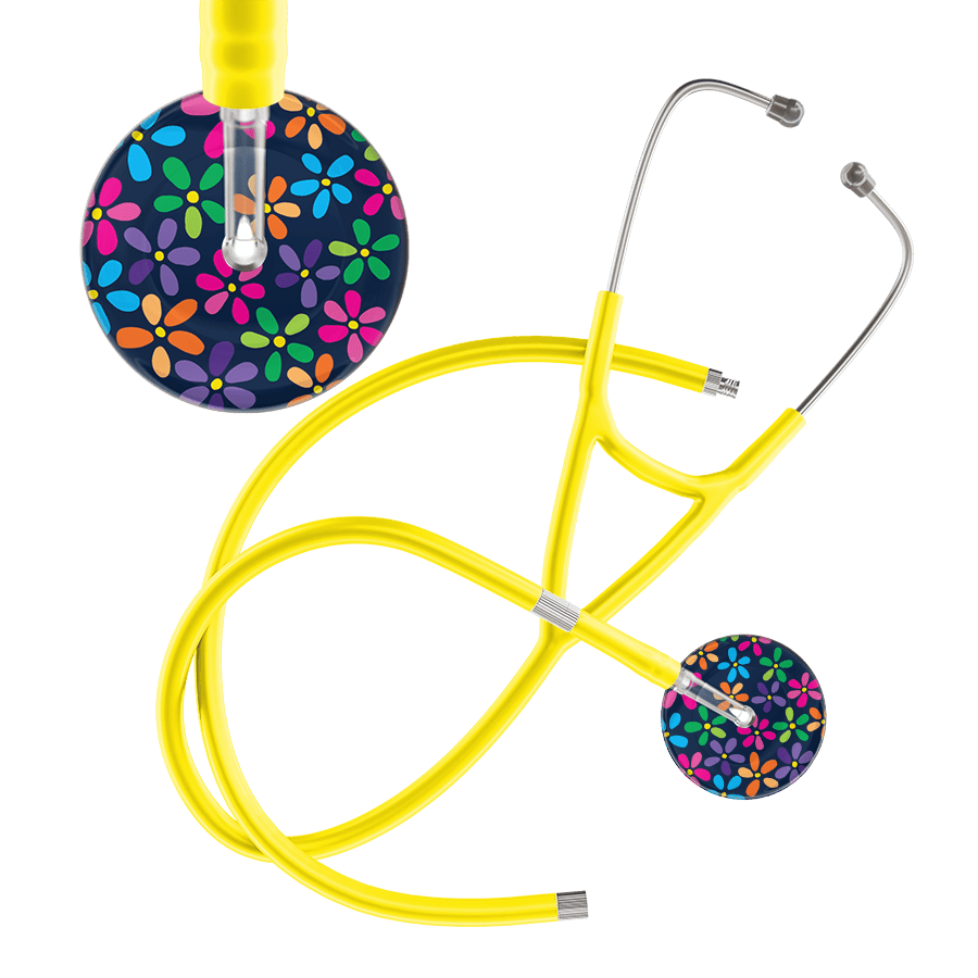 Ultrascope Single Stethoscope Navy Flower Power / Adult / Yellow Extended Tubing Dark Flower Power Cardiology Stethoscope