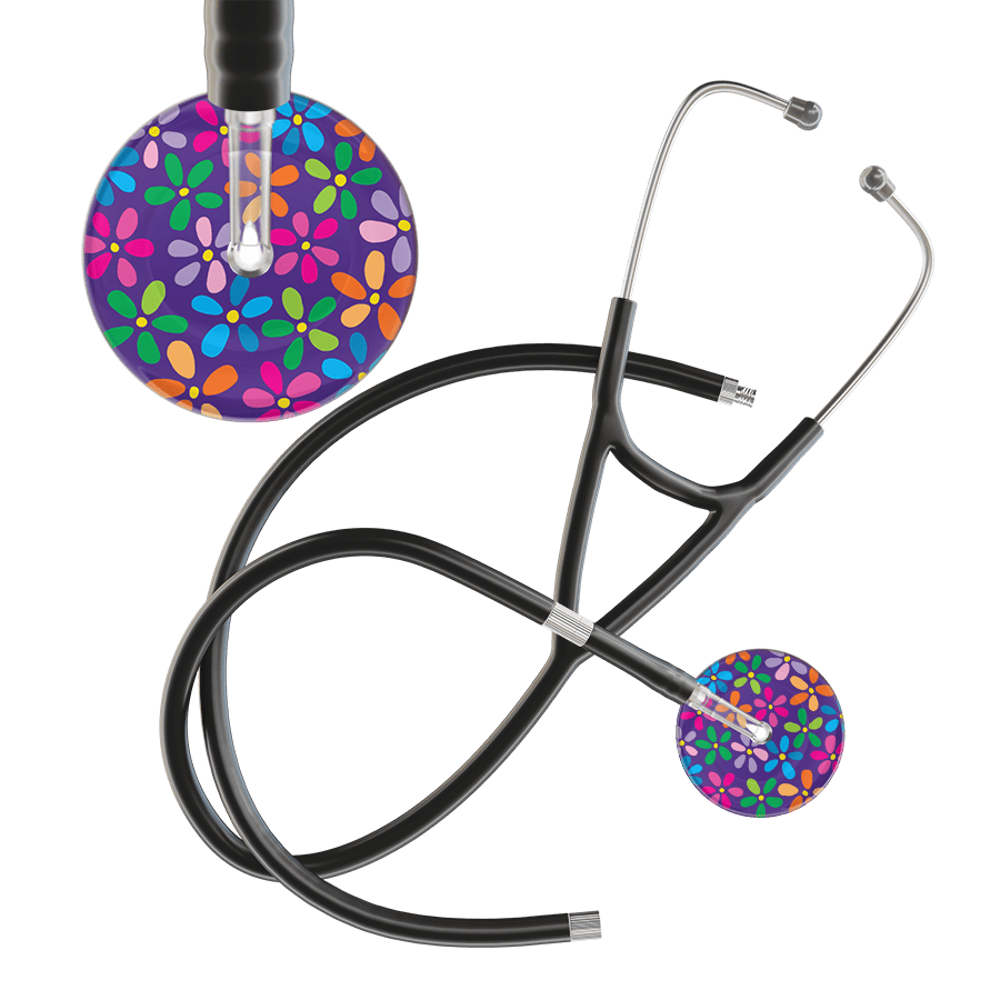 Ultrascope Single Stethoscope Purple Flower Power / Adult / Black Extended Tubing Dark Flower Power Cardiology Stethoscope