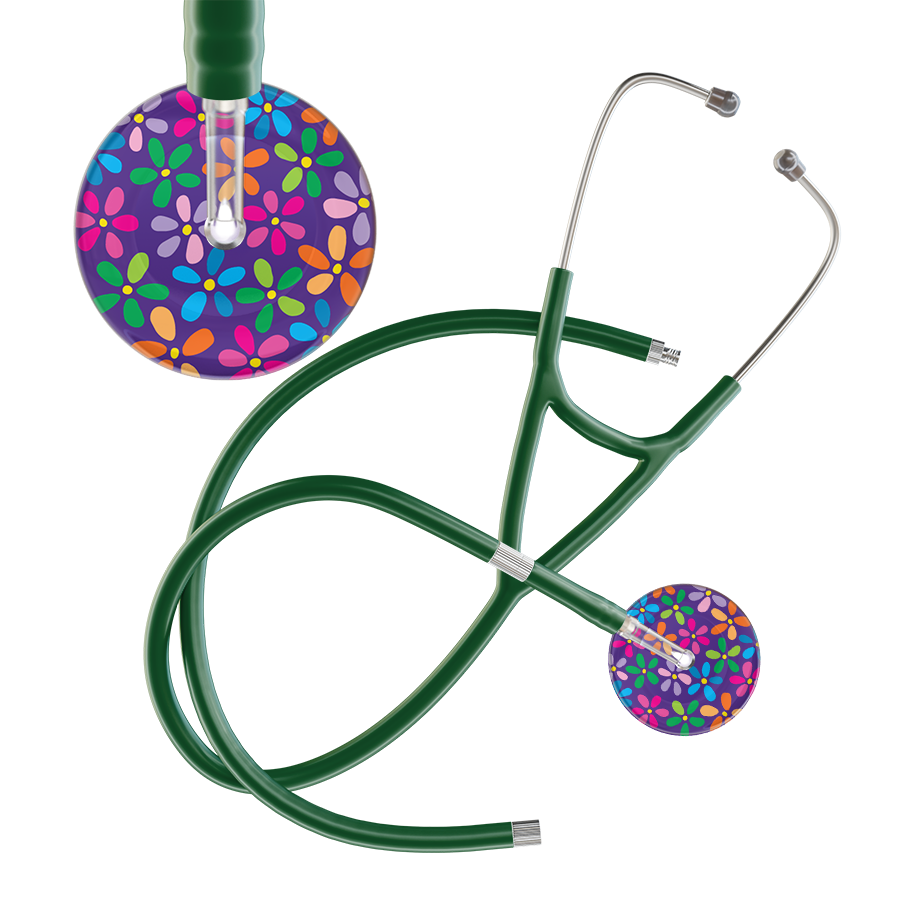 Ultrascope Single Stethoscope Purple Flower Power / Adult / Dark Green Extended Tubing Dark Flower Power Cardiology Stethoscope