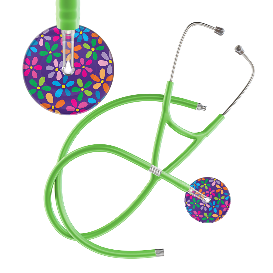 Ultrascope Single Stethoscope Purple Flower Power / Adult / Lime Green Extended Tubing Dark Flower Power Cardiology Stethoscope