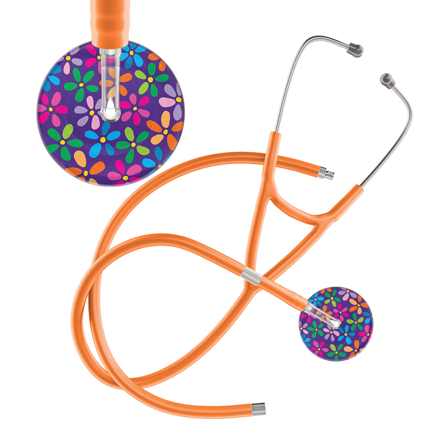 Ultrascope Single Stethoscope Purple Flower Power / Adult / Orange Extended Tubing Dark Flower Power Cardiology Stethoscope