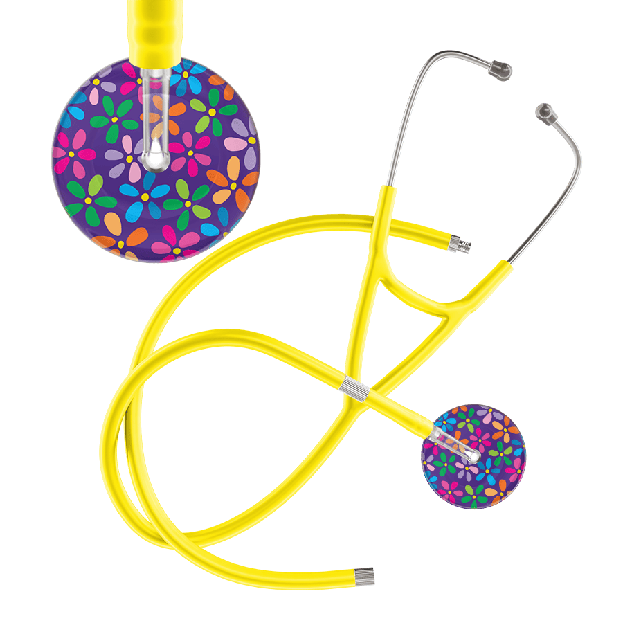 Ultrascope Single Stethoscope Purple Flower Power / Adult / Yellow Extended Tubing Dark Flower Power Cardiology Stethoscope
