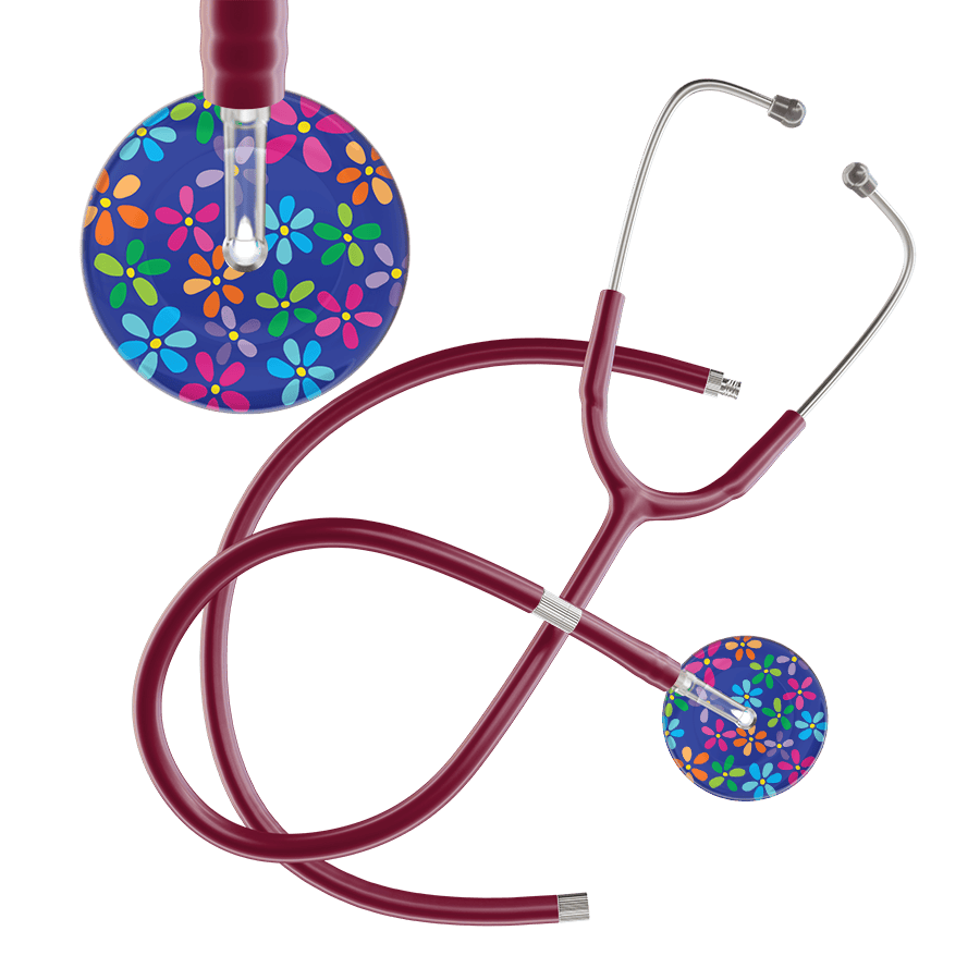 Ultrascope Single Stethoscope Royal Blue Flower Power / Adult / Burgundy Extended Tubing Dark Flower Power Stethoscope