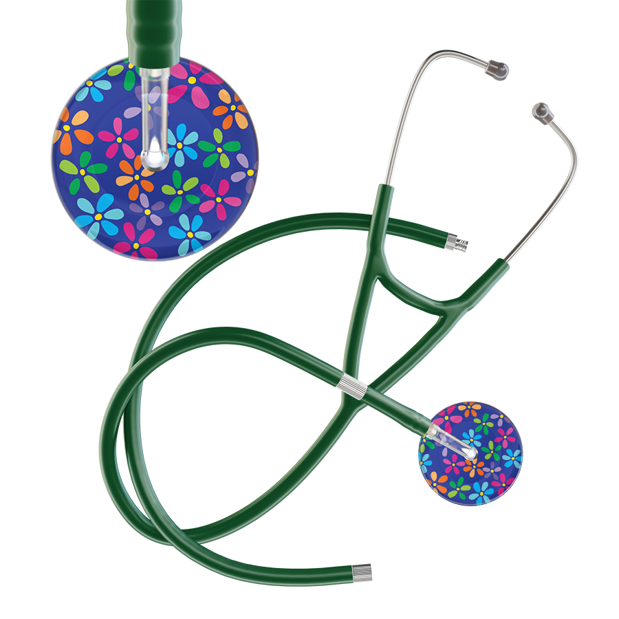 Ultrascope Single Stethoscope Royal Blue Flower Power / Adult / Dark Green Extended Tubing Dark Flower Power Cardiology Stethoscope