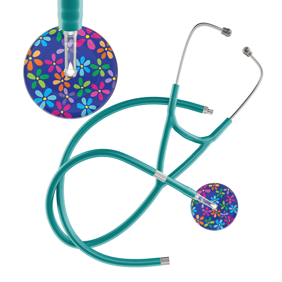 Ultrascope Single Stethoscope Royal Blue Flower Power / Adult / Jade Extended Tubing Dark Flower Power Cardiology Stethoscope