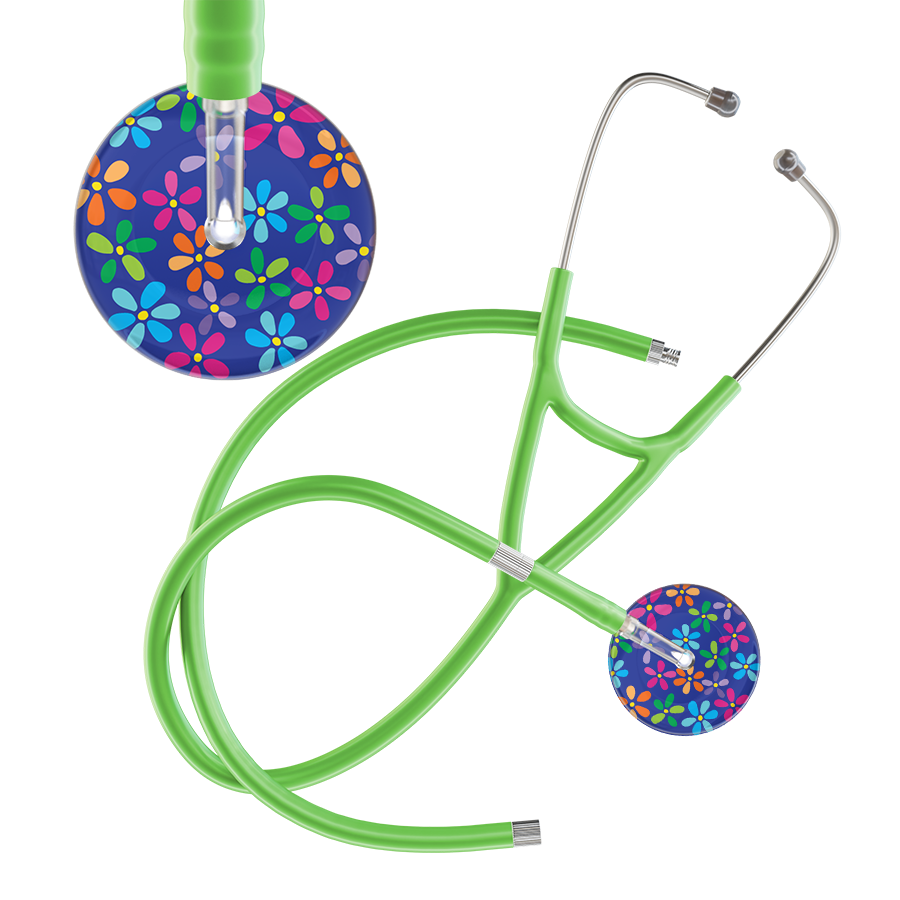 Ultrascope Single Stethoscope Royal Blue Flower Power / Adult / Lime Green Extended Tubing Dark Flower Power Cardiology Stethoscope