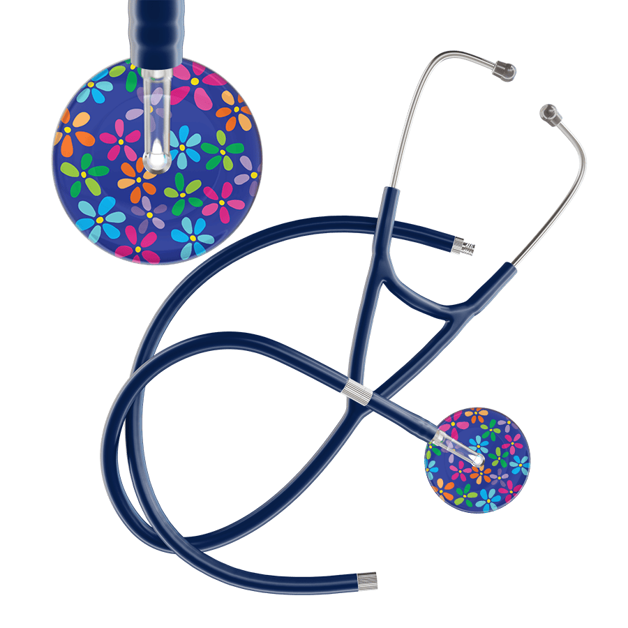 Ultrascope Single Stethoscope Royal Blue Flower Power / Adult / Navy Extended Tubing Dark Flower Power Cardiology Stethoscope