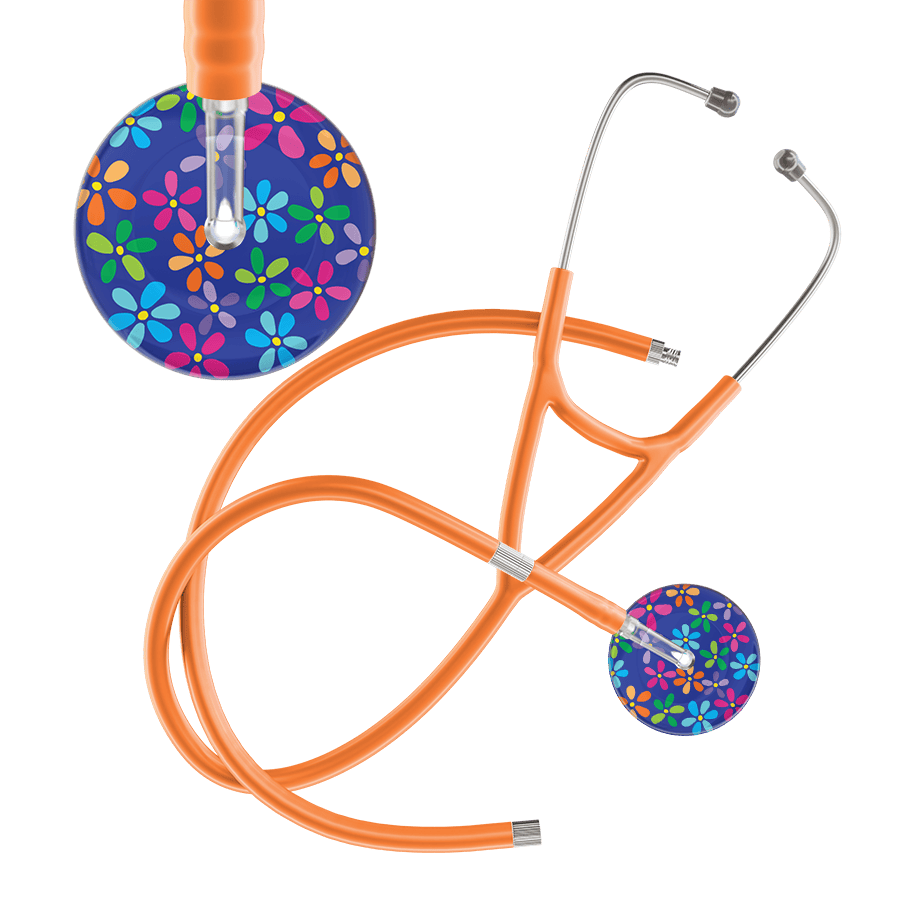 Ultrascope Single Stethoscope Royal Blue Flower Power / Adult / Orange Extended Tubing Dark Flower Power Cardiology Stethoscope