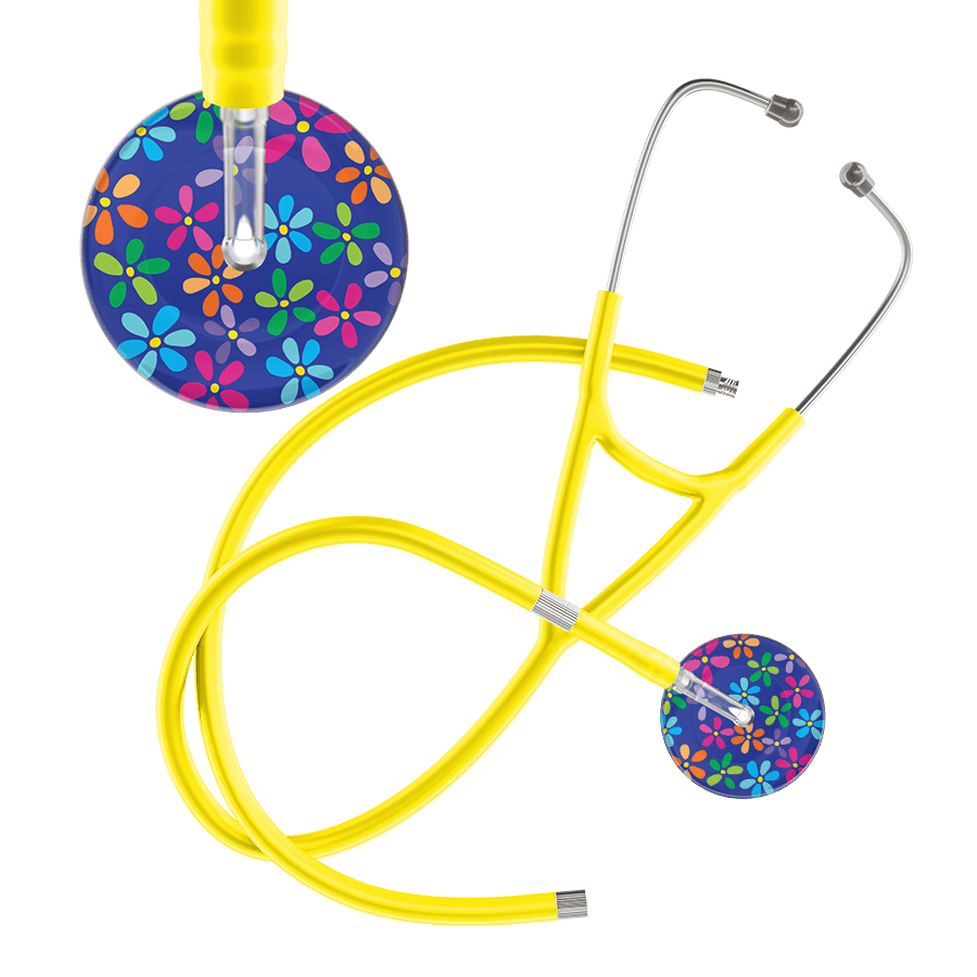 Ultrascope Single Stethoscope Royal Blue Flower Power / Adult / Yellow Extended Tubing Dark Flower Power Cardiology Stethoscope