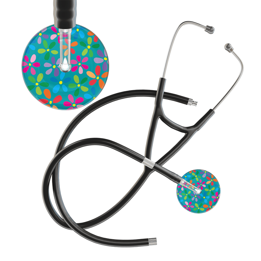 Ultrascope Single Stethoscope Teal Flower Power / Adult / Black Extended Tubing Light Flower Power Cardiology Stethoscope