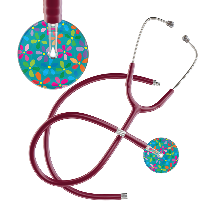 Ultrascope Single Stethoscope Teal Flower Power / Adult / Burgundy Extended Tubing Light Flower Power Stethoscope