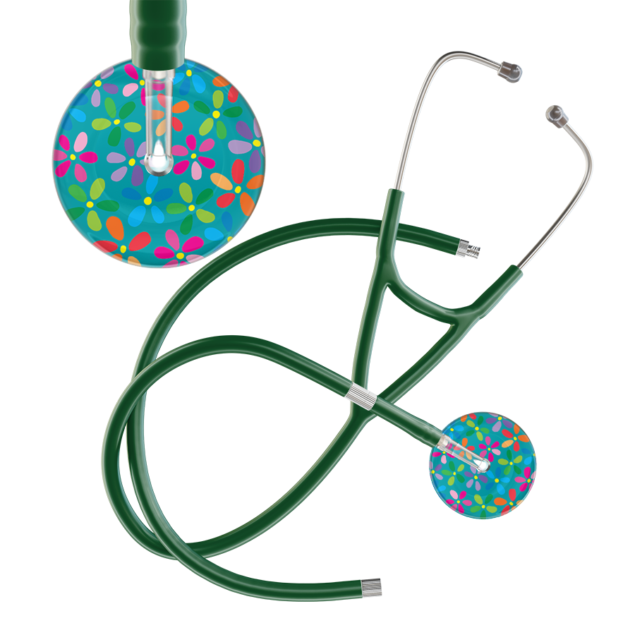 Ultrascope Single Stethoscope Teal Flower Power / Adult / Dark Green Extended Tubing Light Flower Power Cardiology Stethoscope