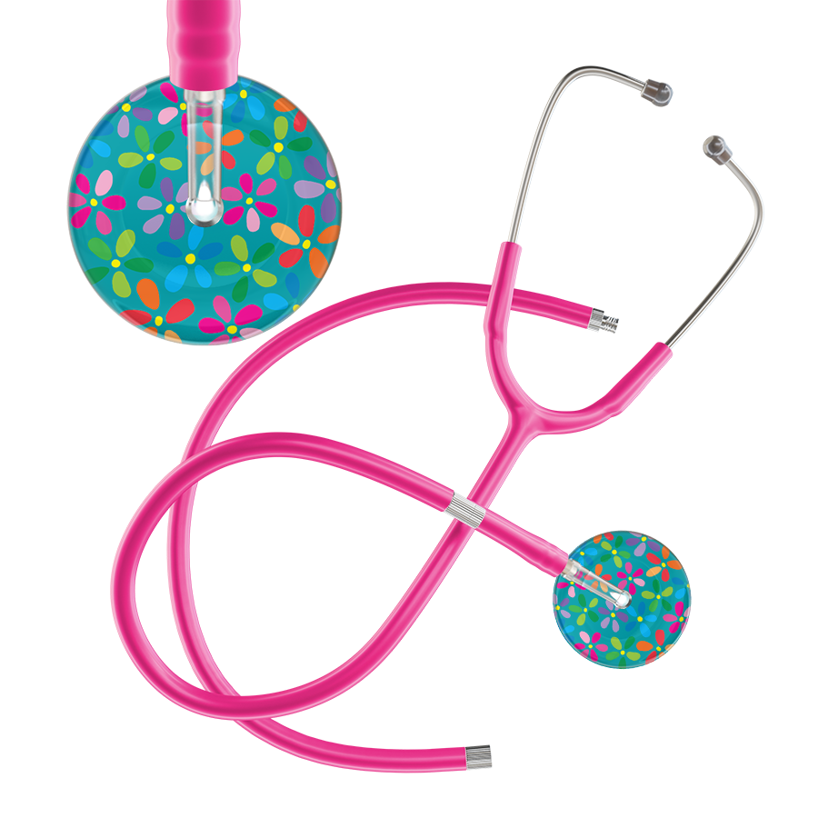 Ultrascope Single Stethoscope Teal Flower Power / Adult / Hot Pink Extended Tubing Light Flower Power Stethoscope