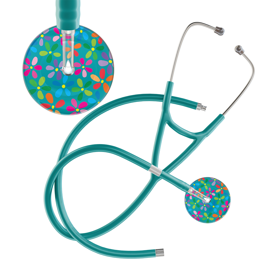 Ultrascope Single Stethoscope Teal Flower Power / Adult / Jade Extended Tubing Light Flower Power Cardiology Stethoscope