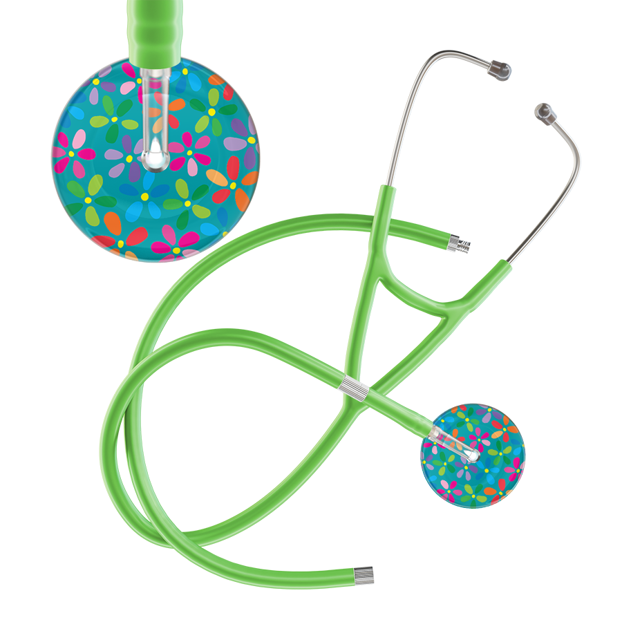 Ultrascope Single Stethoscope Teal Flower Power / Adult / Lime Green Extended Tubing Light Flower Power Cardiology Stethoscope