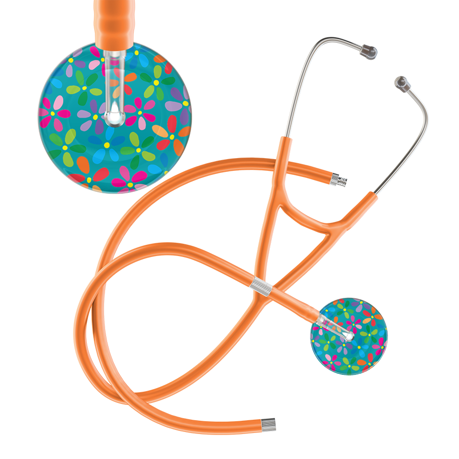 Ultrascope Single Stethoscope Teal Flower Power / Adult / Orange Extended Tubing Light Flower Power Cardiology Stethoscope