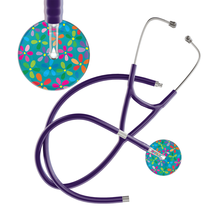 Ultrascope Single Stethoscope Teal Flower Power / Adult / Purple Extended Tubing Light Flower Power Cardiology Stethoscope