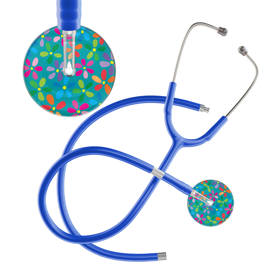 Ultrascope Single Stethoscope Teal Flower Power / Adult / Royal Blue Extended Tubing Light Flower Power Stethoscope