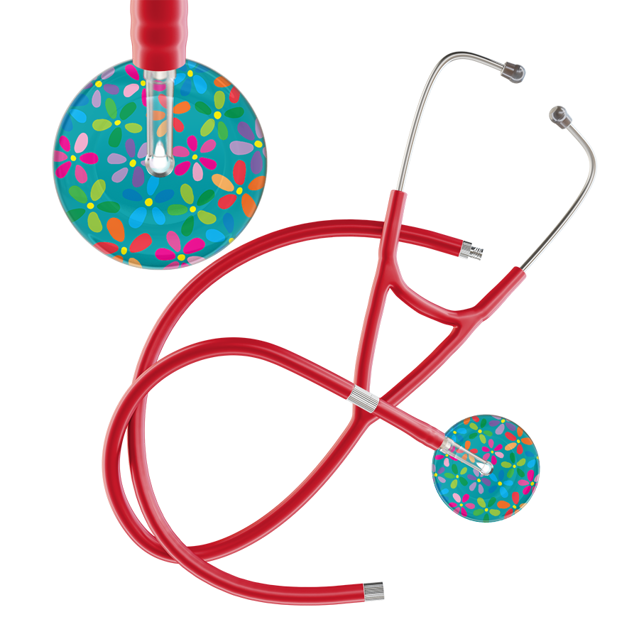 Ultrascope Single Stethoscope Teal Flower Power / Adult / Red Extended Tubing Light Flower Power Cardiology Stethoscope