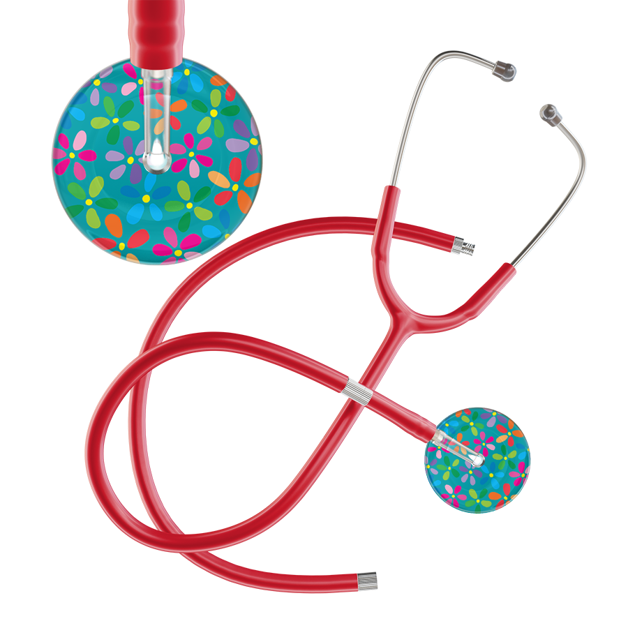 Ultrascope Single Stethoscope Teal Flower Power / Adult / Red Extended Tubing Light Flower Power Stethoscope