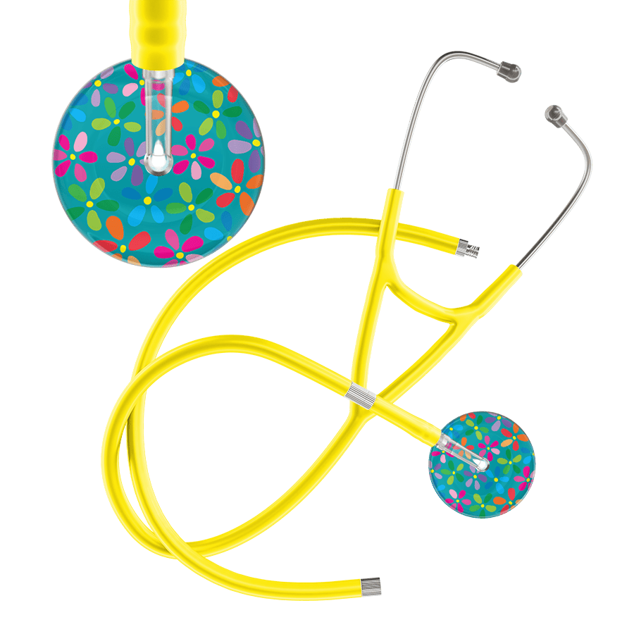 Ultrascope Single Stethoscope Teal Flower Power / Adult / Yellow Extended Tubing Light Flower Power Cardiology Stethoscope