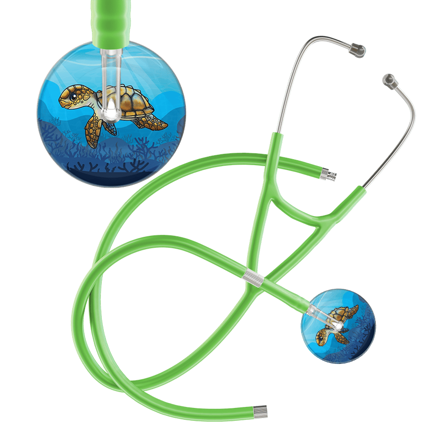 Ultrascope Single Stethoscope Sea Turtle / Adult / Lime Green Extended Tubing Sea Turtle - Underwater Ocean Cardiology Stethoscope