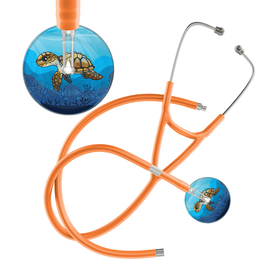 Ultrascope Single Stethoscope Sea Turtle / Adult / Orange Extended Tubing Sea Turtle - Underwater Ocean Cardiology Stethoscope