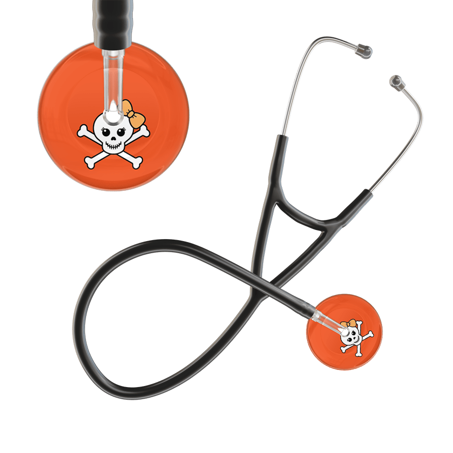 Ultrascope Single Stethoscope Creamsicle Bow Orange Background / Adult / Black Cute Skull Cardiology Stethoscope