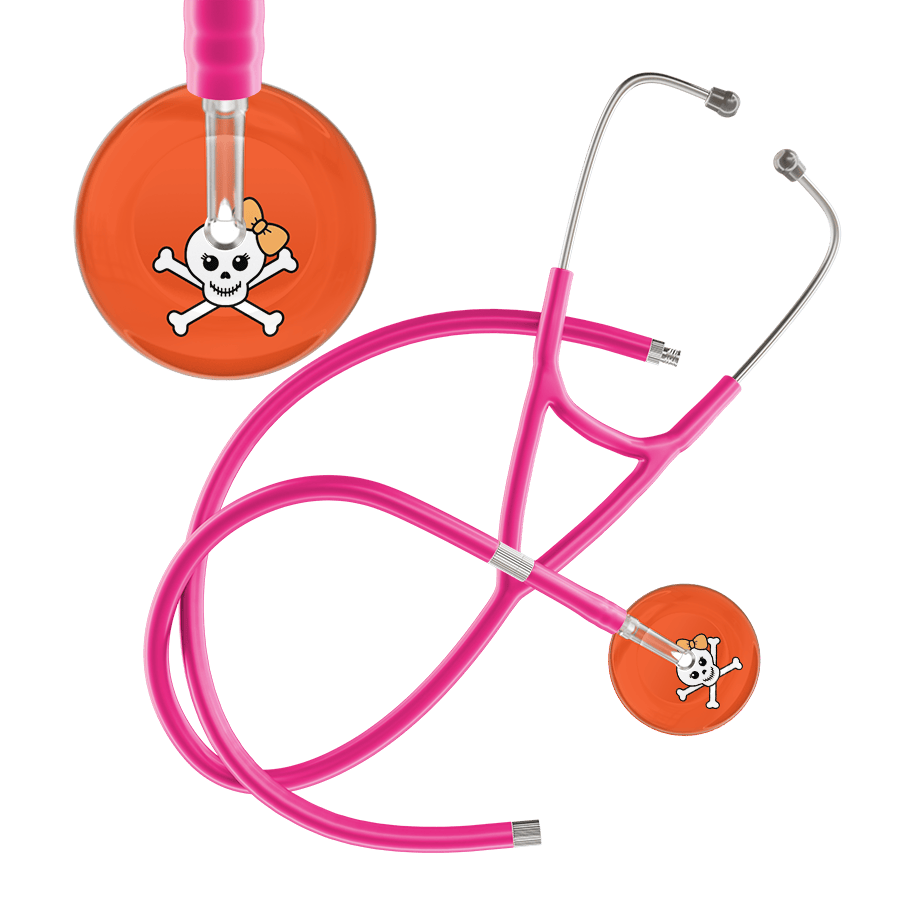 Ultrascope Single Stethoscope Creamsicle Bow Orange Background / Adult / Hot Pink Extended Tubing Cute Skull Cardiology Stethoscope