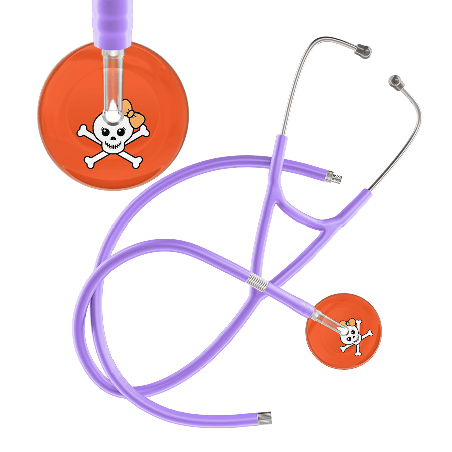 Ultrascope Single Stethoscope Creamsicle Bow Orange Background / Adult / Lavender Extended Tubing Cute Skull Cardiology Stethoscope