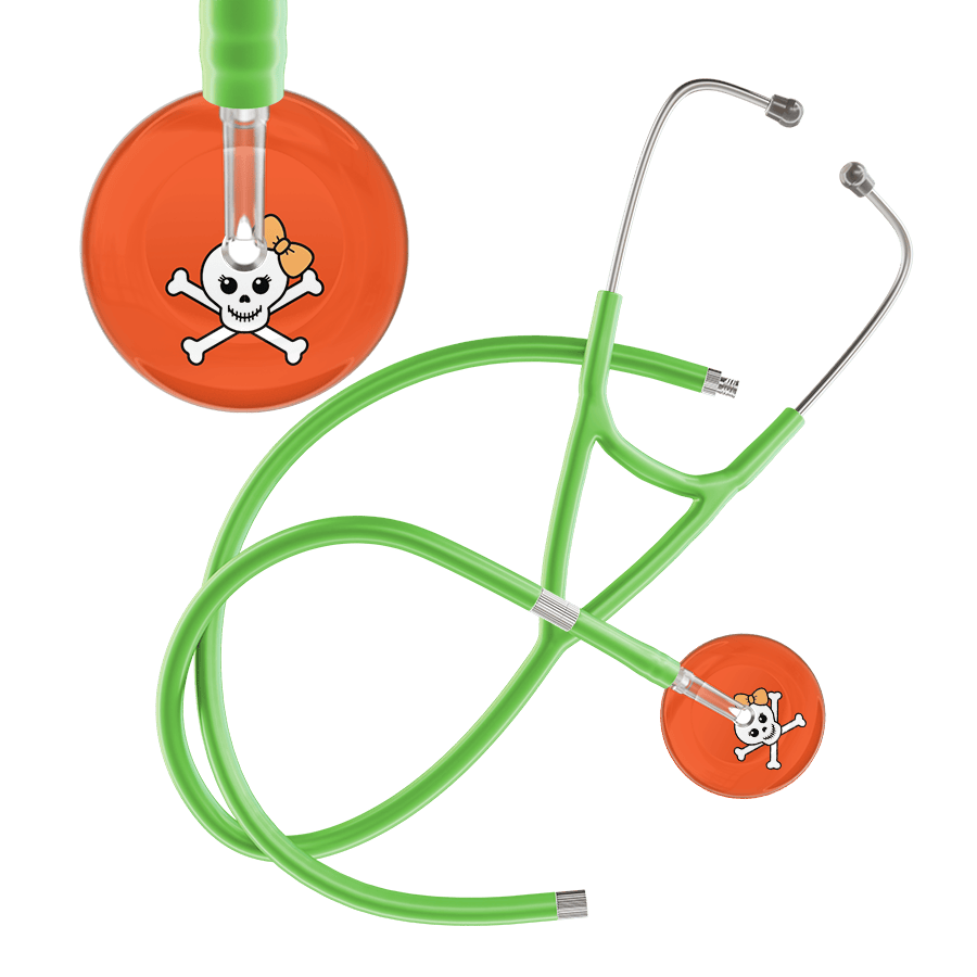 Ultrascope Single Stethoscope Creamsicle Bow Orange Background / Adult / Lime Green Extended Tubing Cute Skull Cardiology Stethoscope