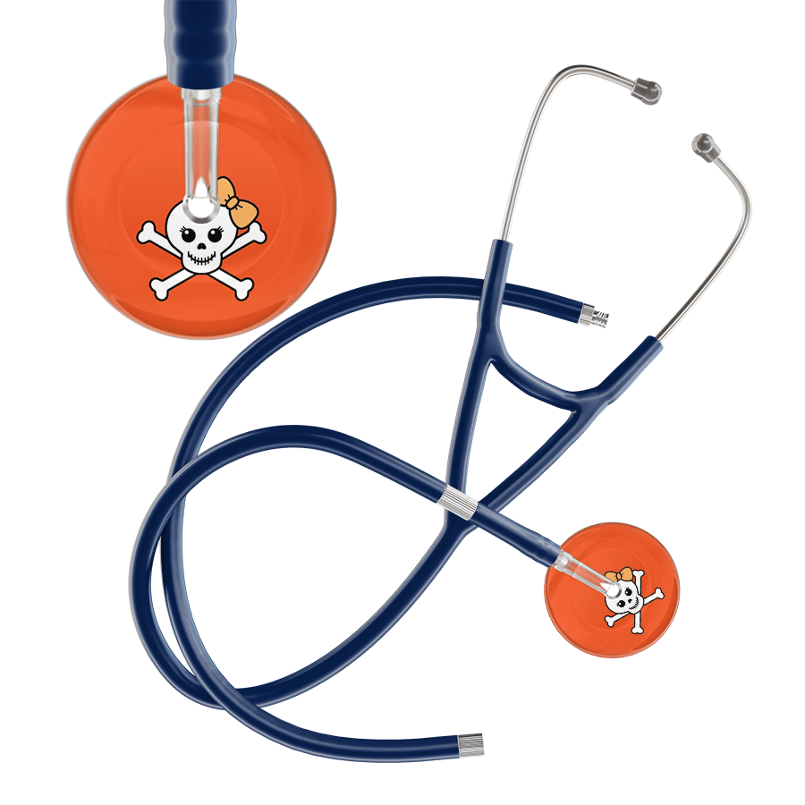 Ultrascope Single Stethoscope Creamsicle Bow Orange Background / Adult / Navy Extended Tubing Cute Skull Cardiology Stethoscope