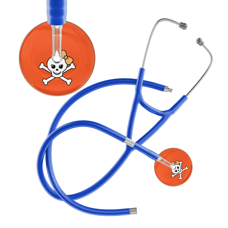 Ultrascope Single Stethoscope Creamsicle Bow Orange Background / Adult / Royal Blue Extended Tubing Cute Skull Cardiology Stethoscope
