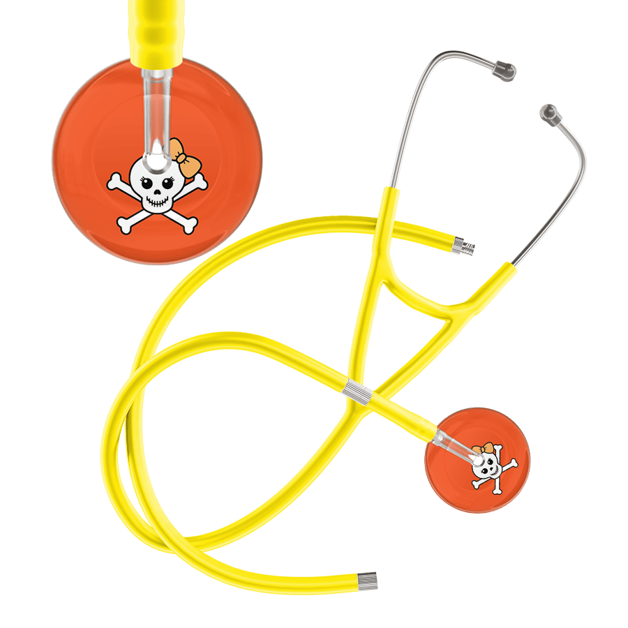 Ultrascope Single Stethoscope Creamsicle Bow Orange Background / Adult / Yellow Extended Tubing Cute Skull Cardiology Stethoscope