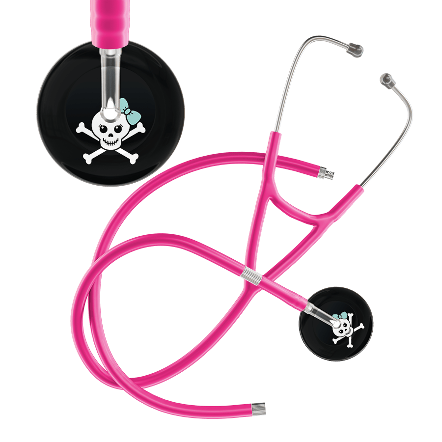 Ultrascope Single Stethoscope Robin's Egg Bow Black Background / Adult / Hot Pink Extended Tubing Cute Skull Cardiology Stethoscope
