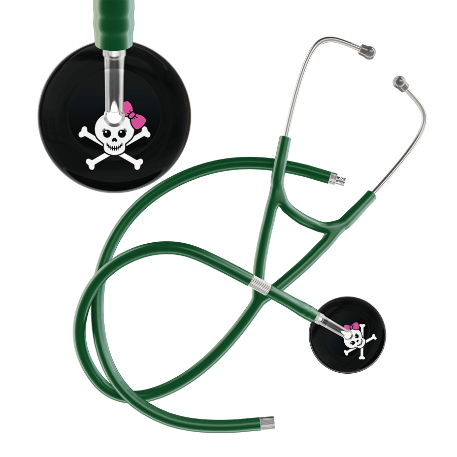 Ultrascope Single Stethoscope Hot Pink Bow Black Background / Adult / Dark Green Extended Tubing Cute Skull Cardiology Stethoscope