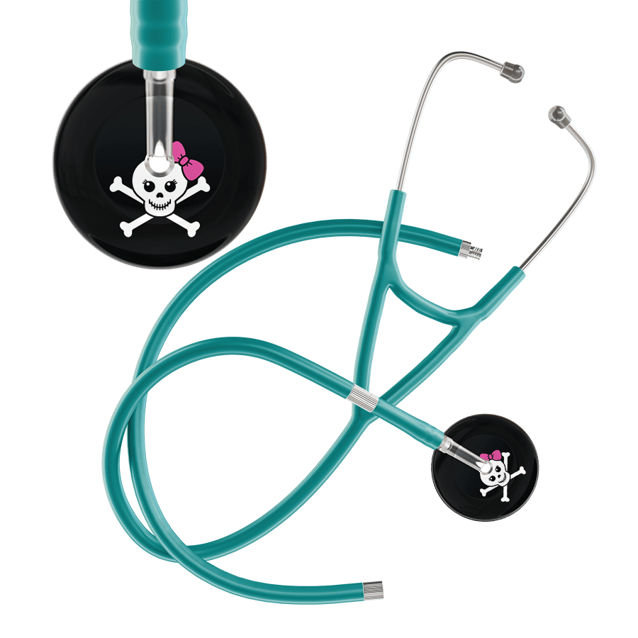 Ultrascope Single Stethoscope Hot Pink Bow Black Background / Adult / Jade Extended Tubing Cute Skull Cardiology Stethoscope