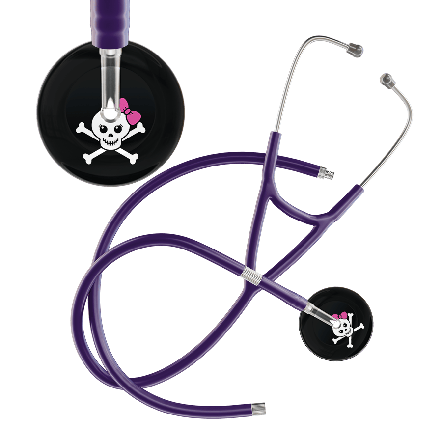 Ultrascope Single Stethoscope Hot Pink Bow Black Background / Adult / Purple Extended Tubing Cute Skull Cardiology Stethoscope